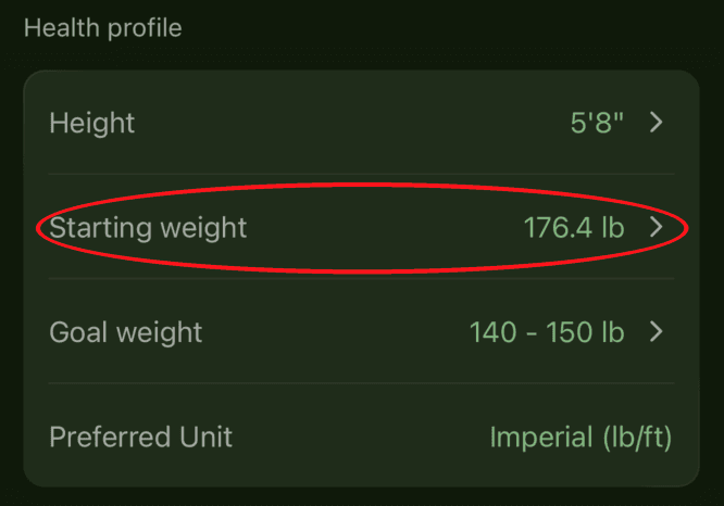 Health profile section with the Starting weight row circled