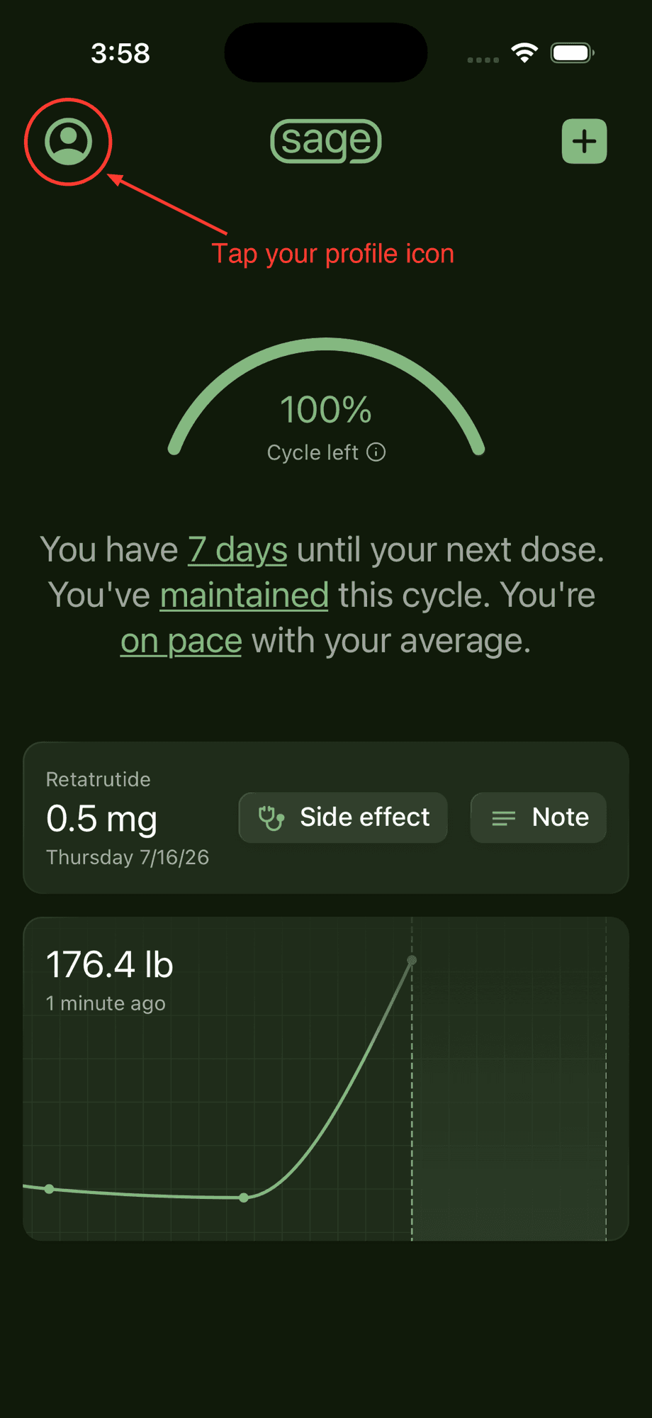 Sage Weight home screen with the profile icon in the top left circled and an arrow pointing to it
