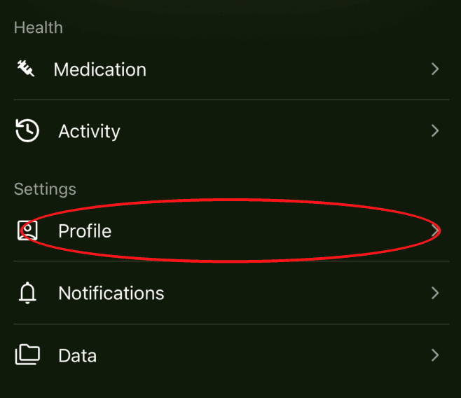 Settings menu with the Profile row circled