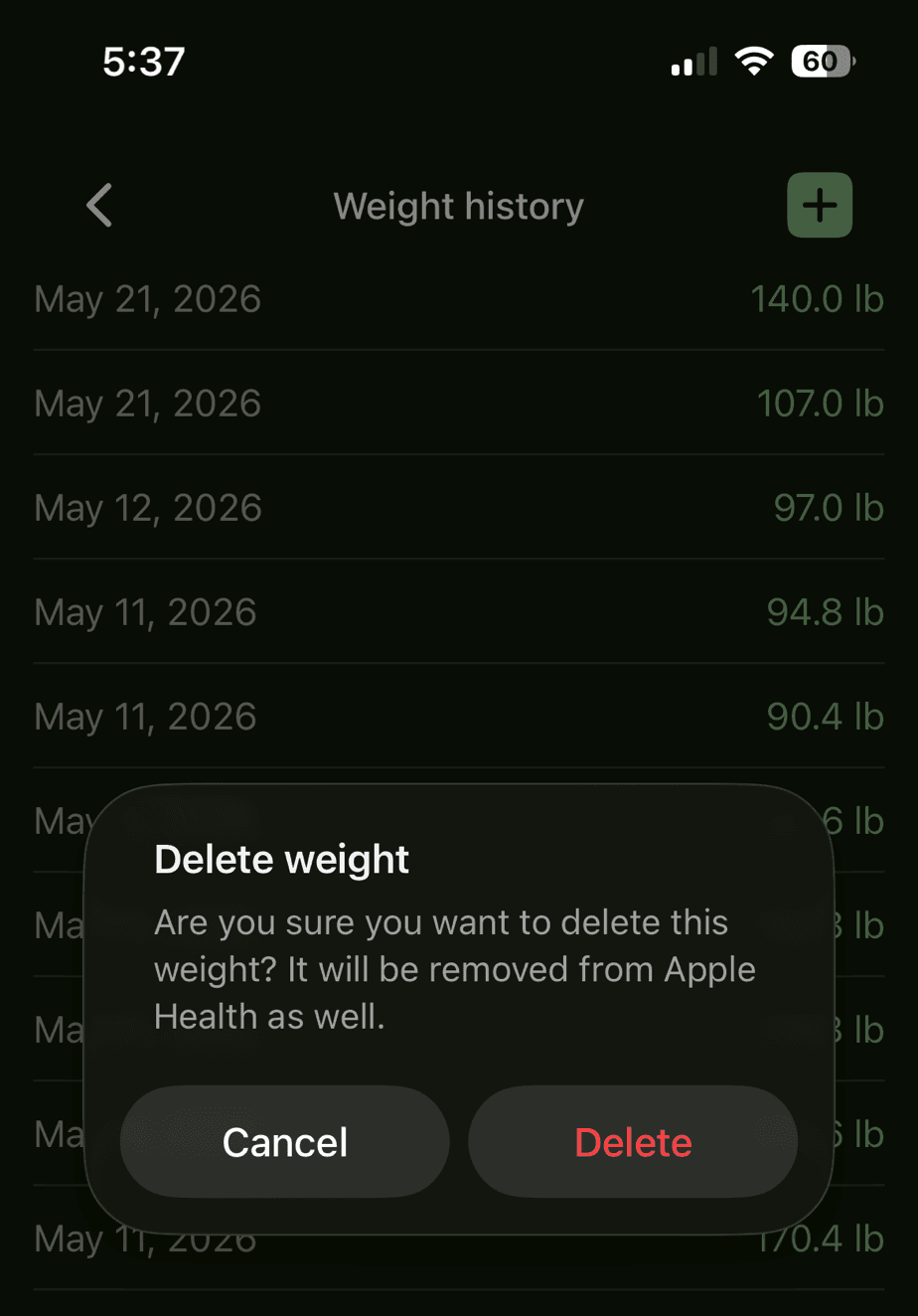 Weight history list with the Delete weight confirmation dialog