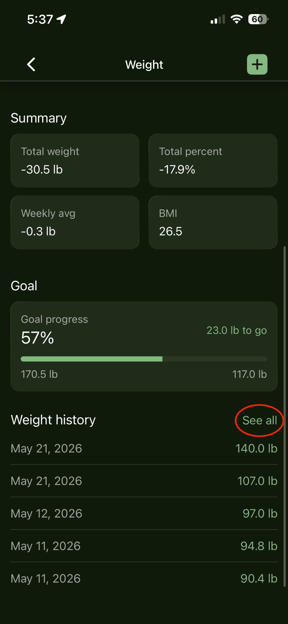 Weight detail screen showing the Weight history section and the See all link