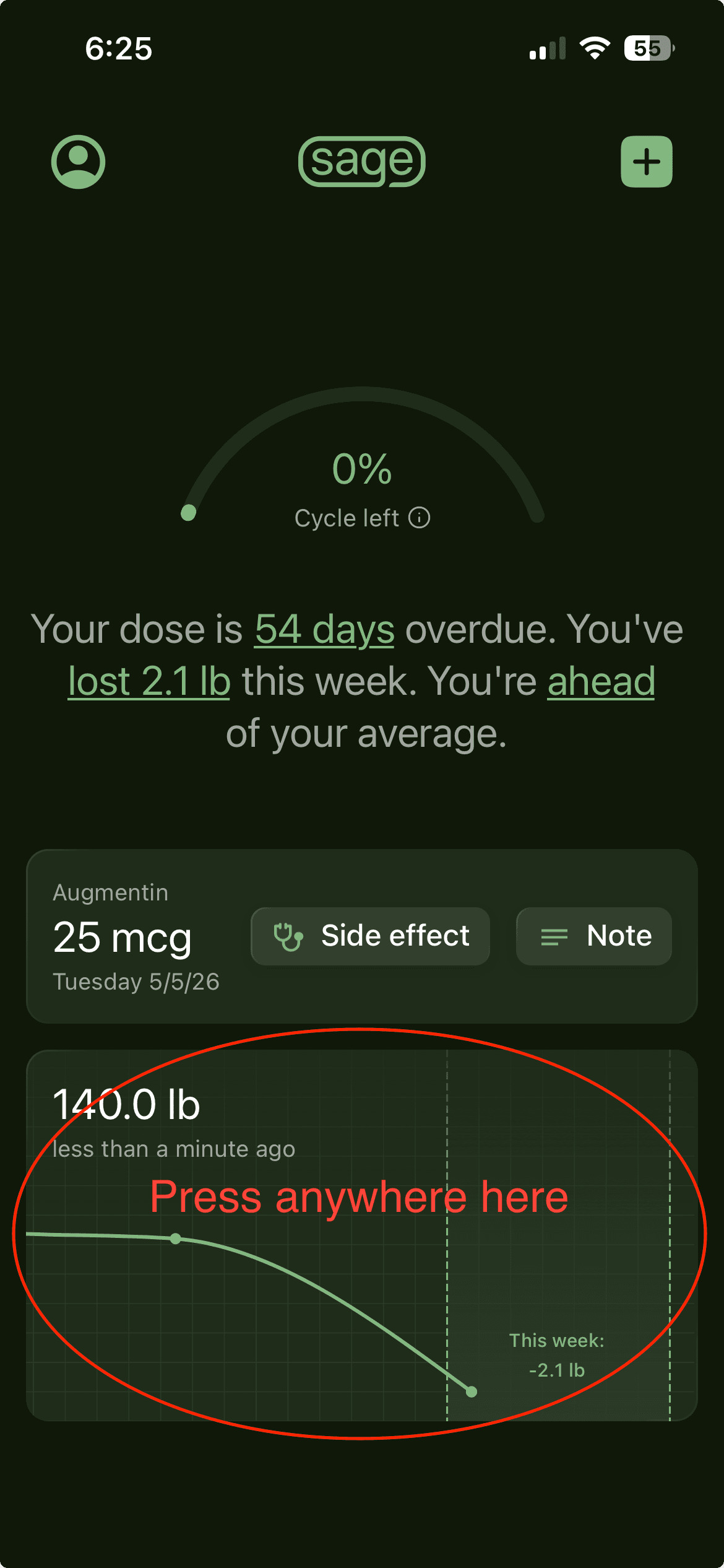Sage Weight home screen with the weight card highlighted