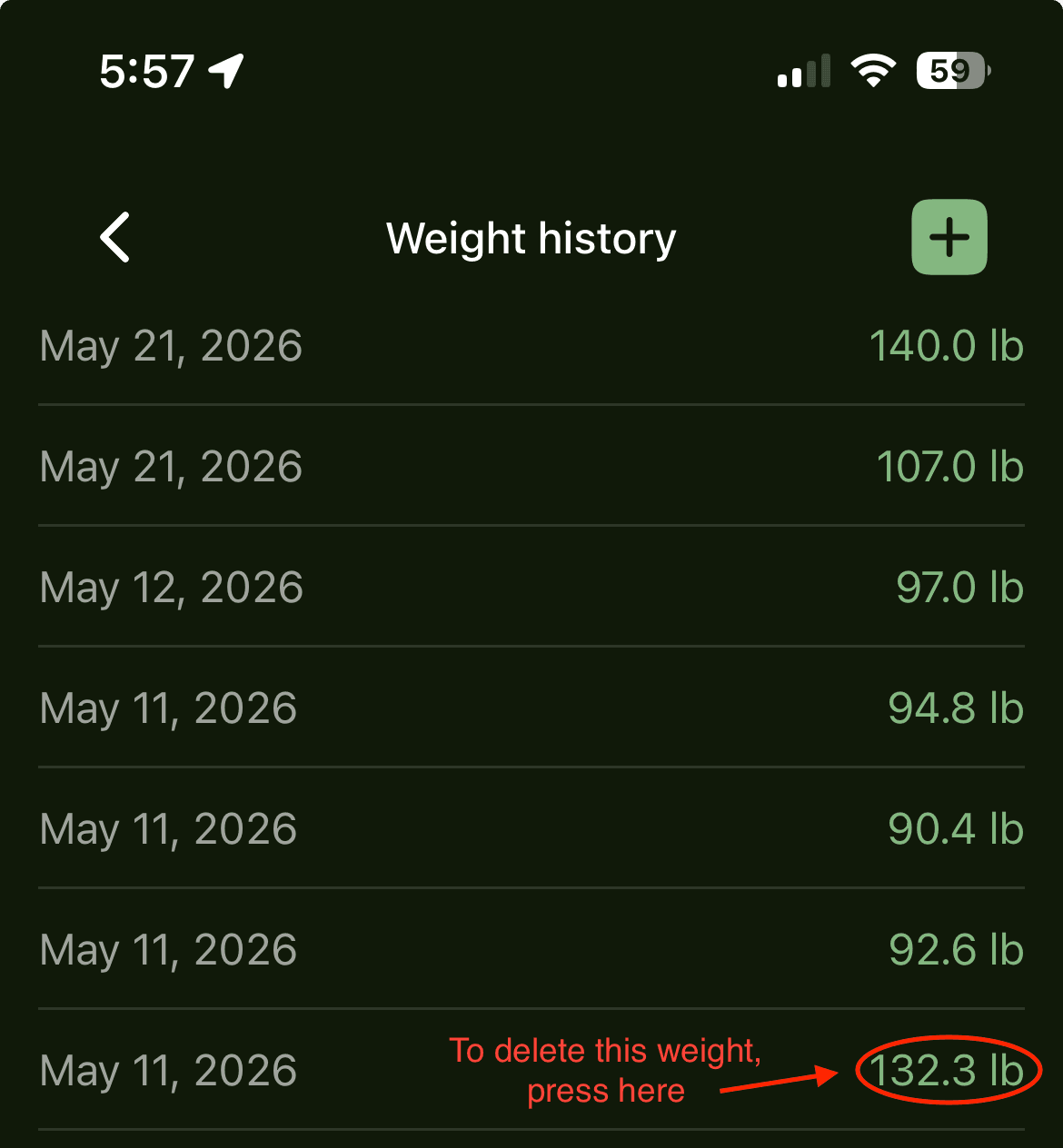 Weight history list with an arrow showing where to tap the weight value to delete it