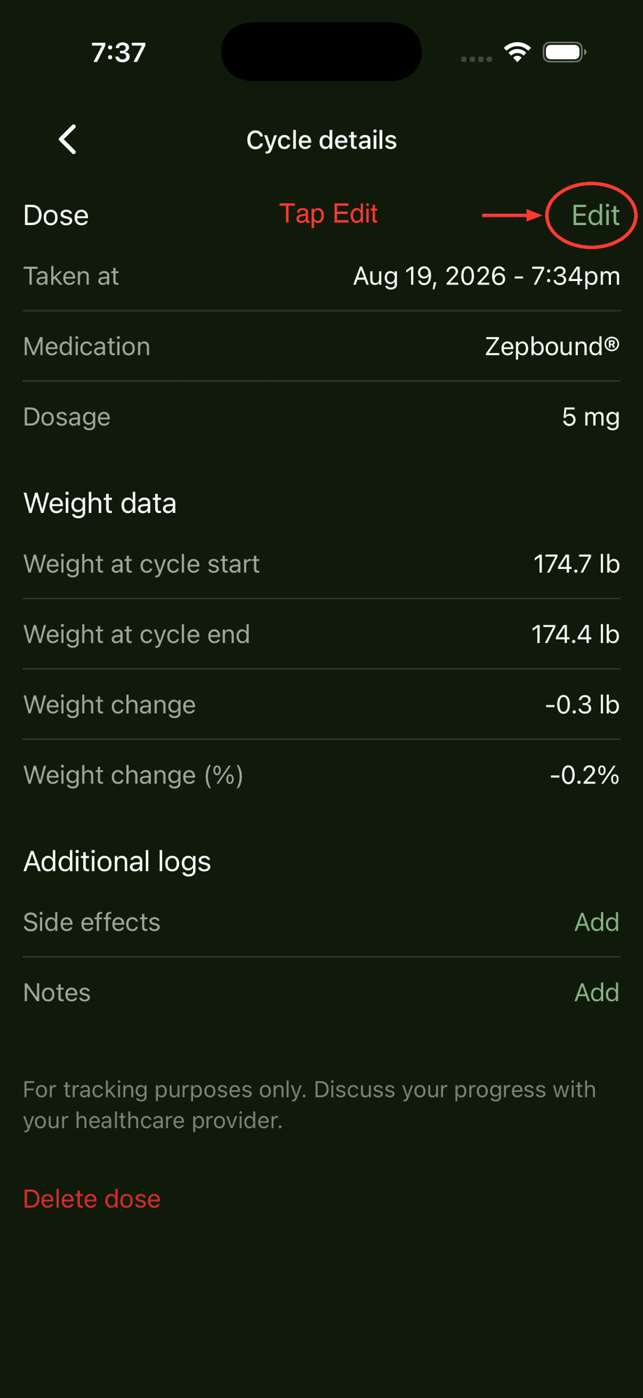 Cycle details screen with an arrow pointing to the Edit link next to the Dose section