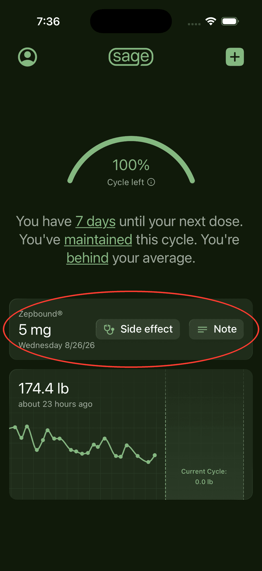 Sage Weight home screen with the dose card circled