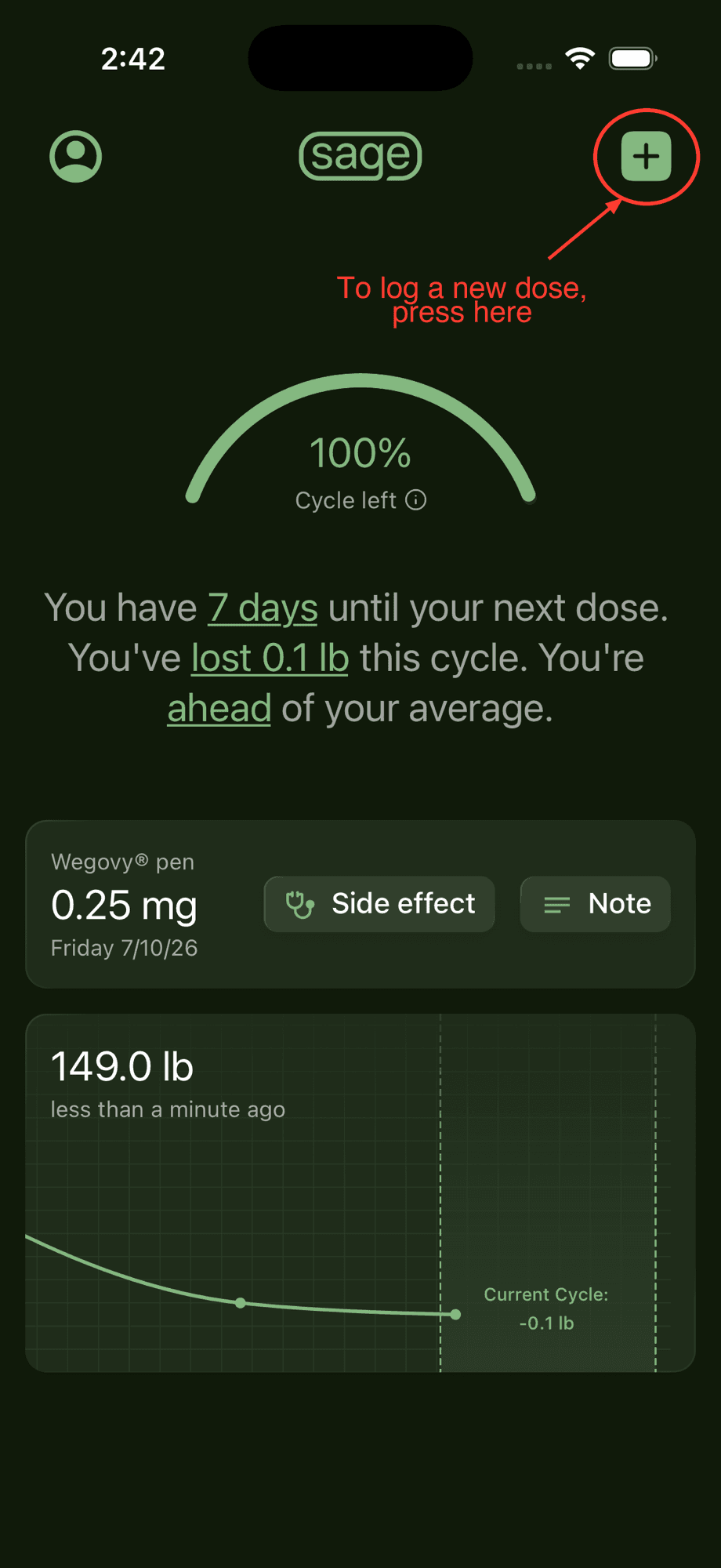 Sage Weight home screen with the + button in the top-right corner circled