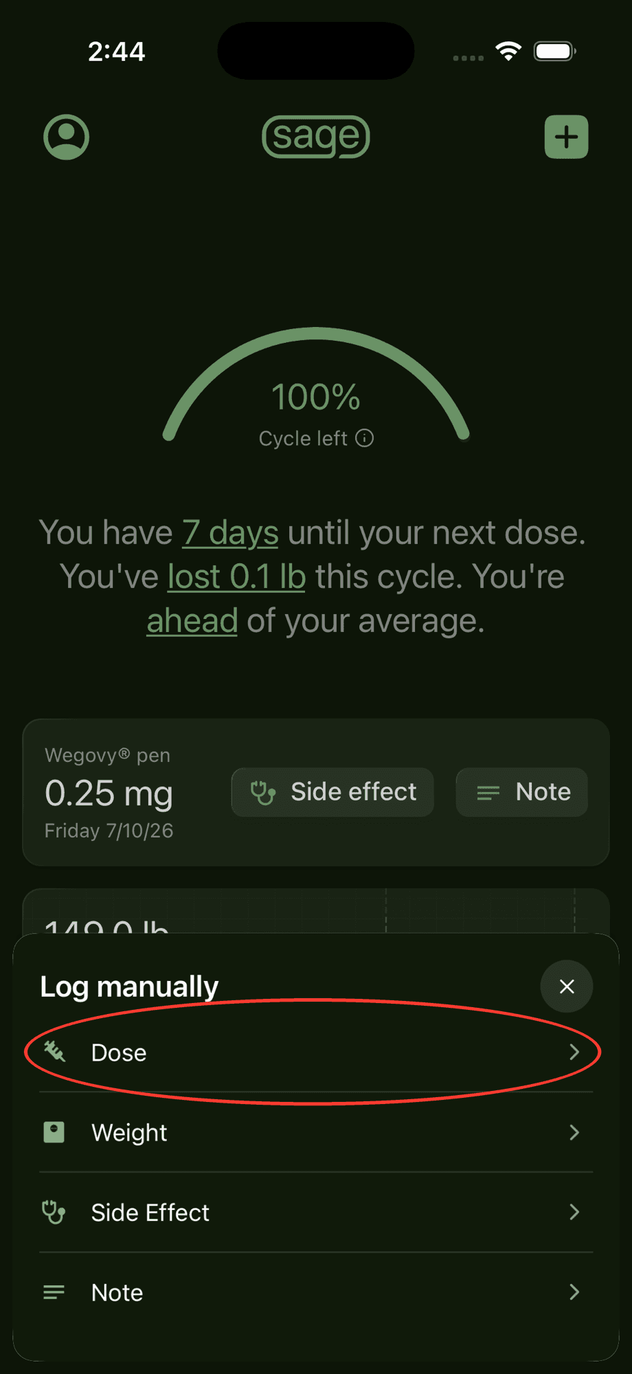 Log manually menu with the Dose option circled