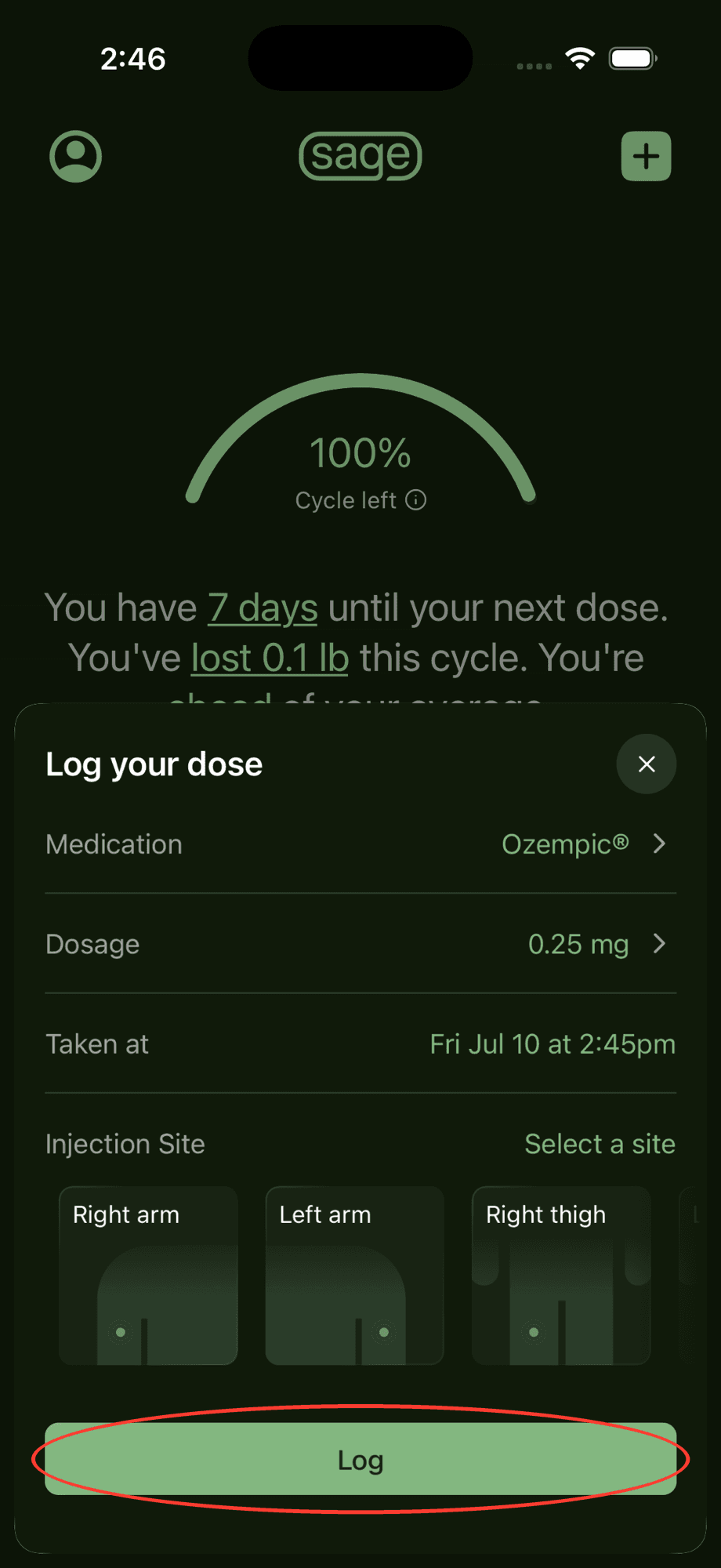 Log your dose screen showing the new medication selected, with the Log button circled