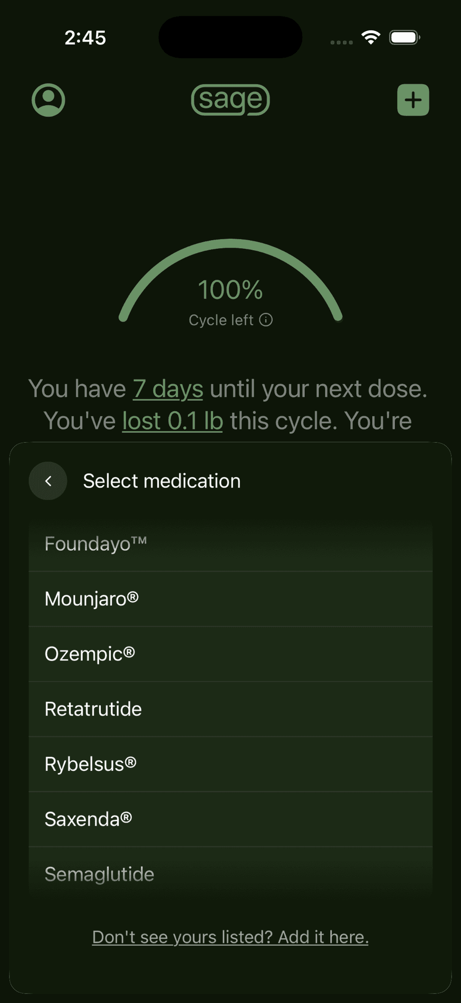 Select medication list showing available medications