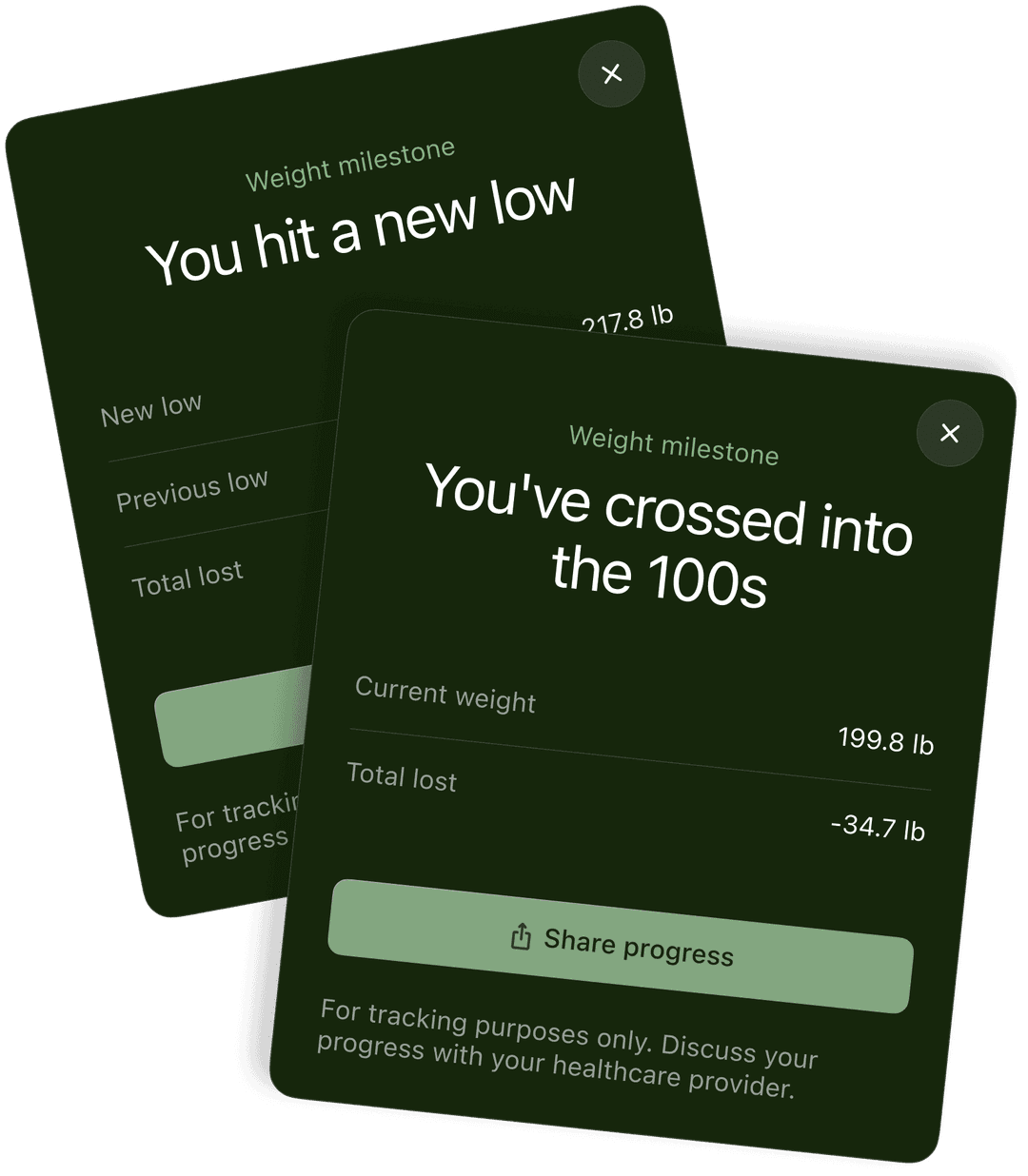 Milestone celebration cards showing weight loss achievements