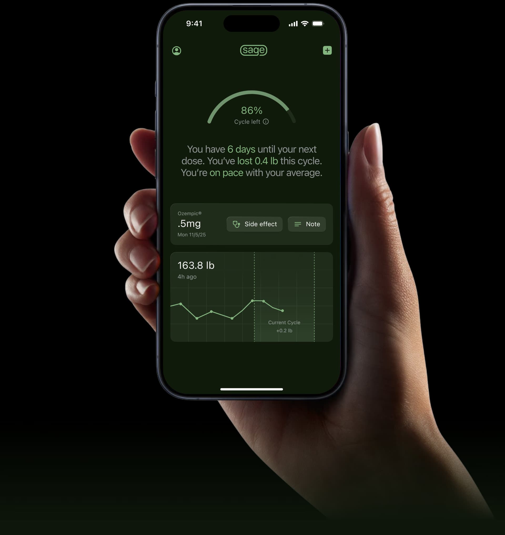 Sage Weight app dashboard showing dose tracking and weight progress
