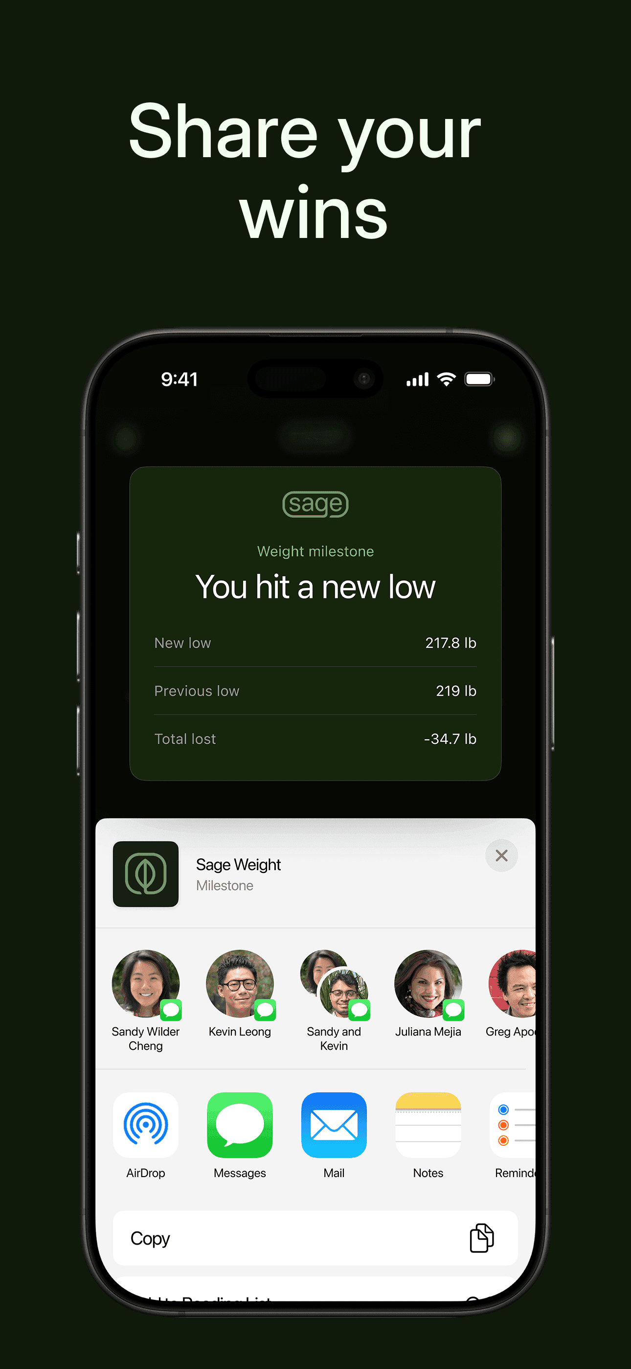 Share your wins — Sage Weight app screenshot